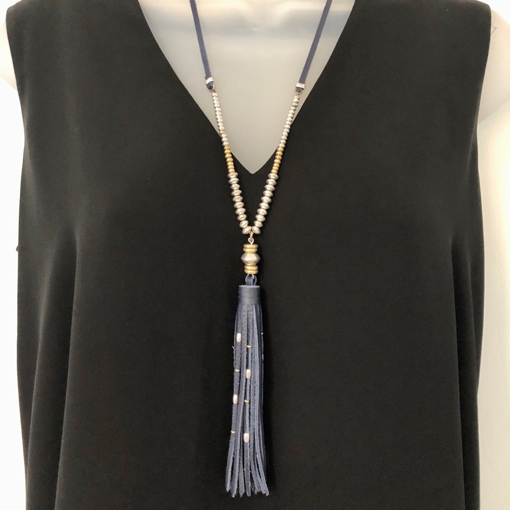 NWT Lucky Brand 🍀 Leather Tassel Beaded Necklace